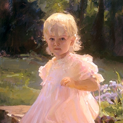 commissioned portrait portraying a young girl in a pink dress resting alongside a planted flower garden.