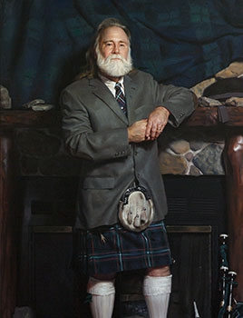 commissioned portrait of an older, bearded man who’s wearing a suit jacket and tie, along with a kilt and long stockings.