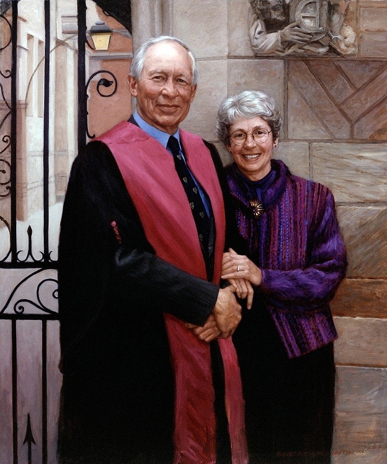 commissioned portrait of a man in regal dress and woman standing together, arms locked and smiling. 