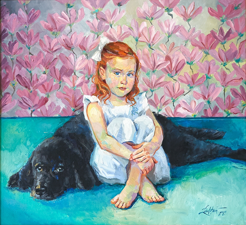 commissioned portrait of a red-haired girl in blue dress resting against a black dog with pink flowers in back.
