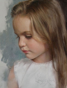 commissioned portrait of a young, brunette girl in white looking down .