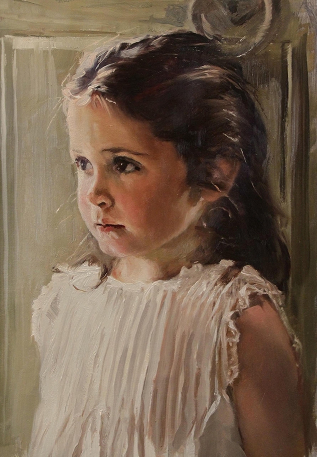 commissioned portrait of a shy-looking girl wearing a lacy white dress.