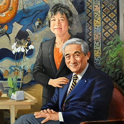 commissioned portrait of man and woman, with man sitting legs crossed and woman standing behind, touching his shoulder. 