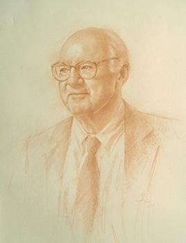 commissioned portrait of an elderly man wearing glasses and a suit and tie.