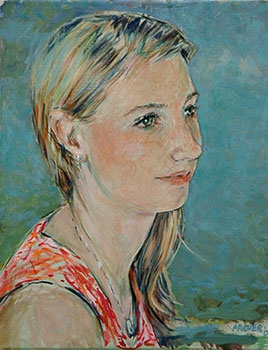 Watercolor commissioned portrait of a young woman staring at a far-off angle.
