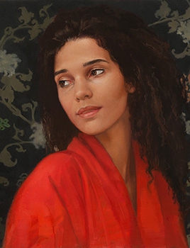 commissioned portrait of a dark-haired woman staring off at a side angle, dressed in red.