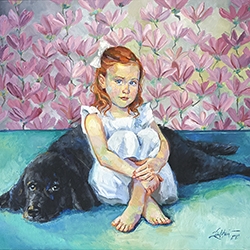 commissioned portrait of a red-haired girl in blue dress resting against a black dog with pink flowers in back.