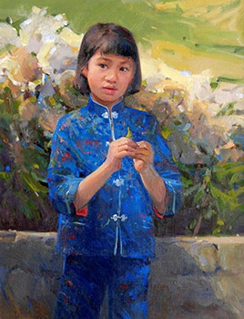 commissioned portrait of an Asian girl in blue, traditional clothing with greenery in background.