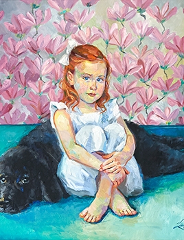 commissioned portrait of a red-haired girl in blue dress resting against a black dog with pink flowers in back.