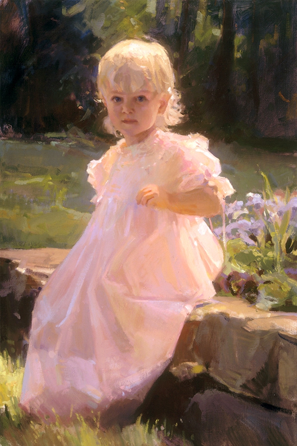 commissioned portrait portraying a young girl in a pink dress resting alongside a planted flower garden.