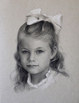 Black and white commissioned portrait  of a young girl with a bow in hair.