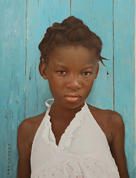 commissioned portrait of a stoic-faced African American girl in white.