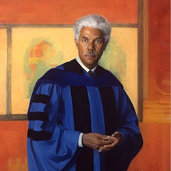 commissioned portrait of white-haired African American man in regal blue academic robes.