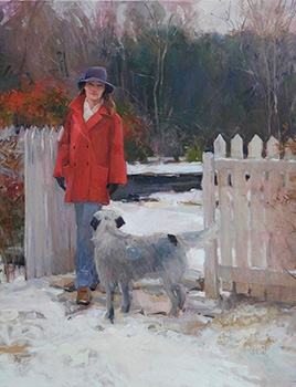 commissioned portrait of woman and dog walking through a white picket fence in winter.