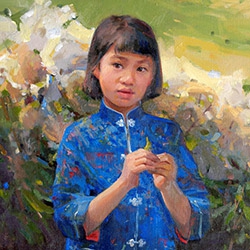 commissioned portrait of an Asian girl in blue, traditional clothing with greenery in background.