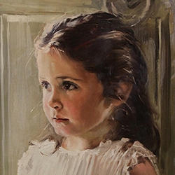 commissioned portrait of a shy-looking girl wearing a lacy white dress.