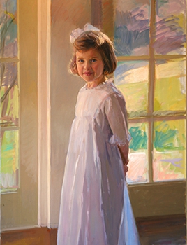 commissioned portrait of young girl, hands behind back, wearing lacy dress and bow.