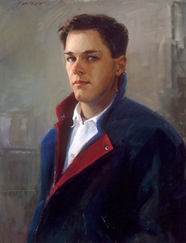 commissioned portrait of a handsome man in striking blue jacket. 