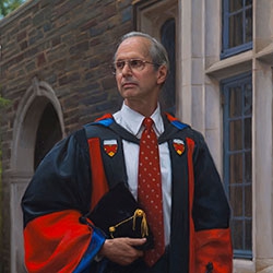 commissioned portrait of a man looking off in the distance, wearing academic robes with a red tie—graduation cap under arm. 