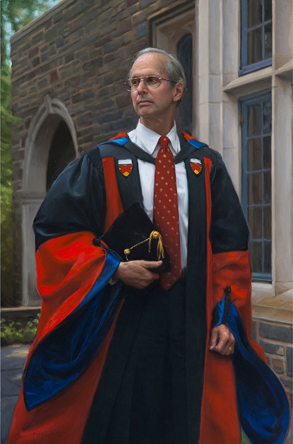 commissioned portrait of a man looking off in the distance, wearing academic robes with a red tie—graduation cap under arm. 