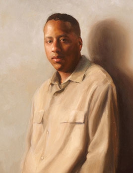 commissioned portrait of an African American man in beige shirt, leaning casually against a wall. 