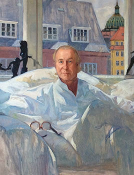commissioned portrait of a middle-aged man in his living area, glasses nearby—and a quaint cityscape in the background. 